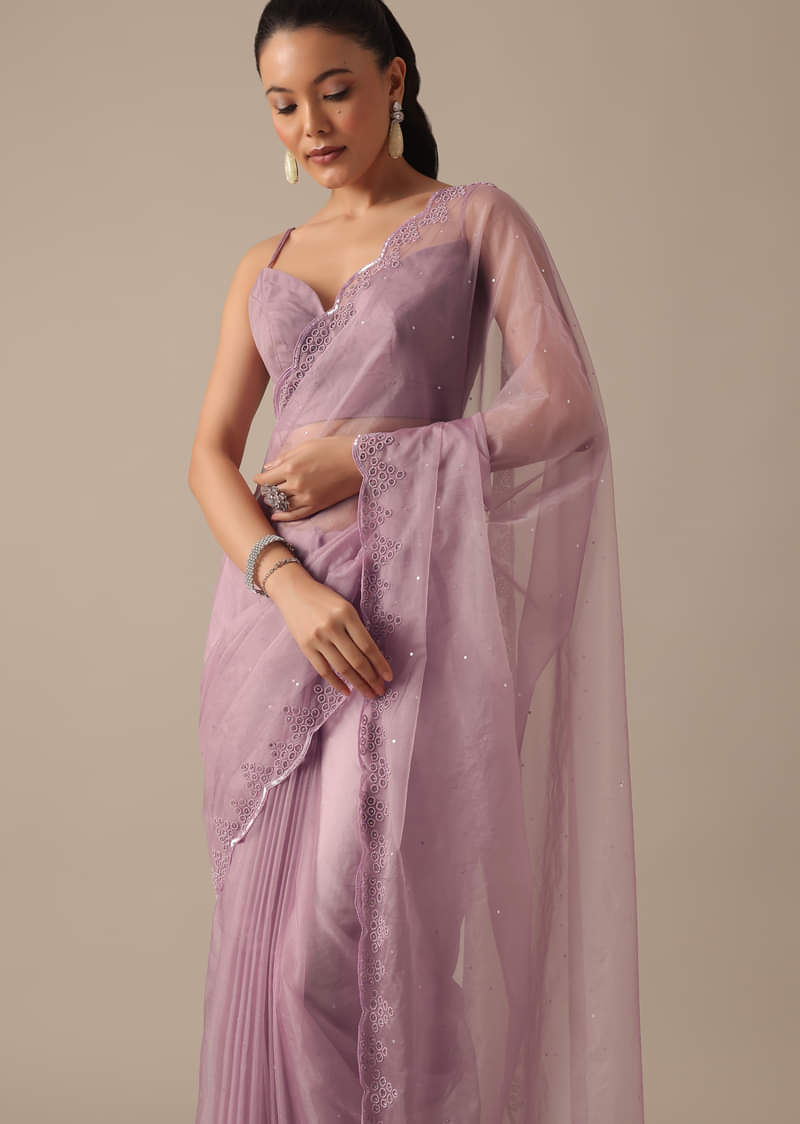 Purple Organza Saree with Embellished Border and Unstitched Blouse Piece