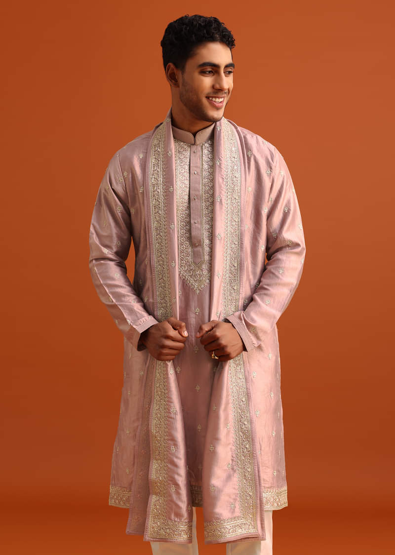 Purple Raw Silk Kurta Set With Thread Work Dupatta