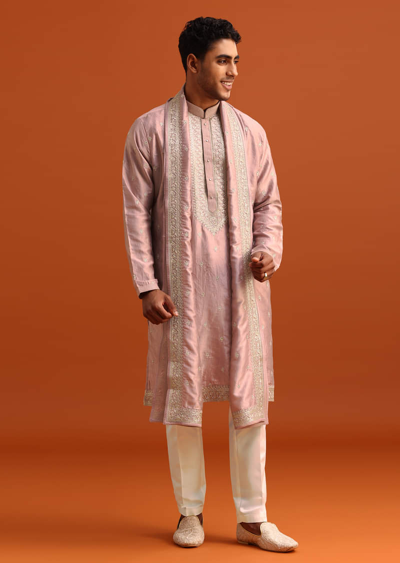 Purple Raw Silk Kurta Set With Thread Work Dupatta