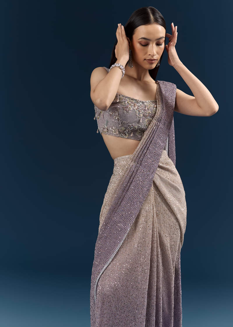 Purple Ready Pleated Saree With Sequins And Stone Work