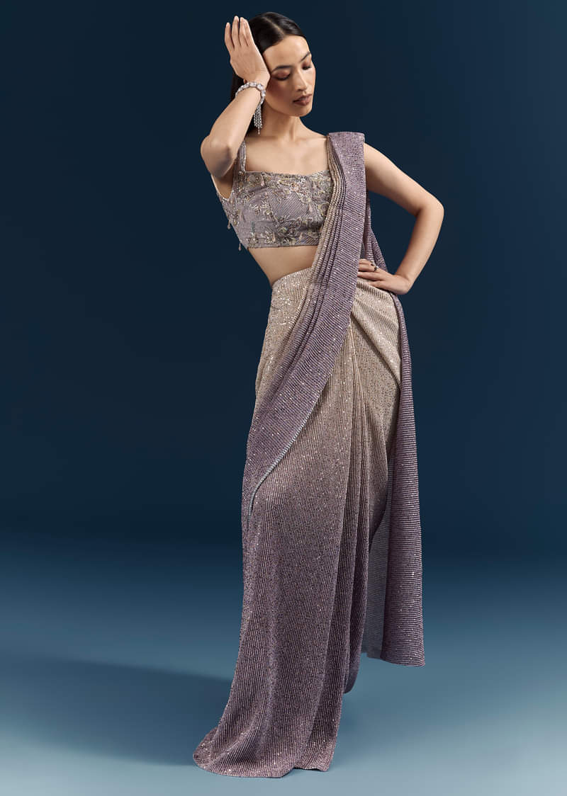 Purple Ready Pleated Saree With Sequins And Stone Work