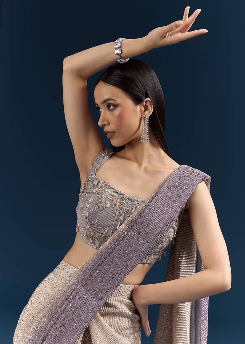 Purple Ready Pleated Saree With Sequins And Stone Work