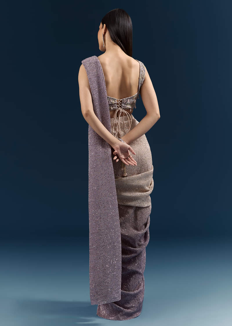 Purple Ready Pleated Saree With Sequins And Stone Work