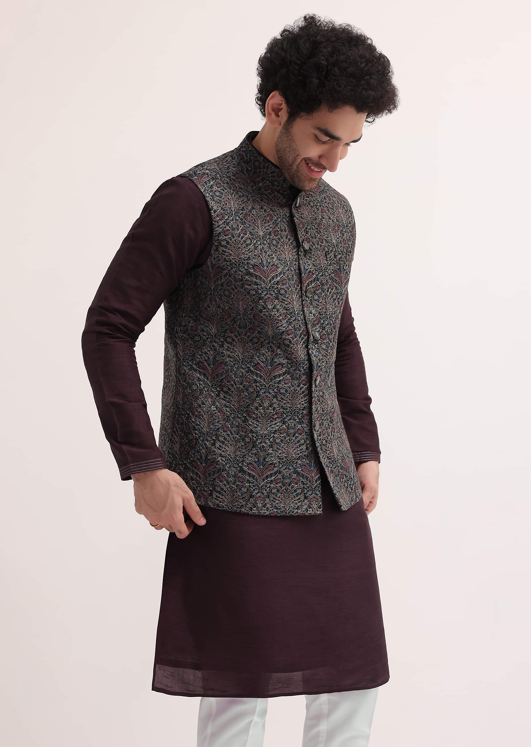 Buy Purple Resham Work Kurta Jacket Set For Men