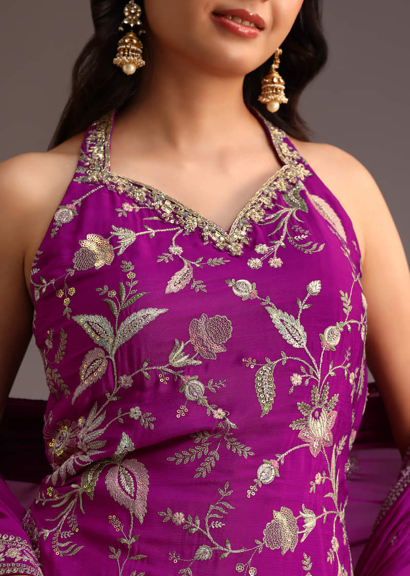 Purple Resham Work Sharara Set With Dupatta
