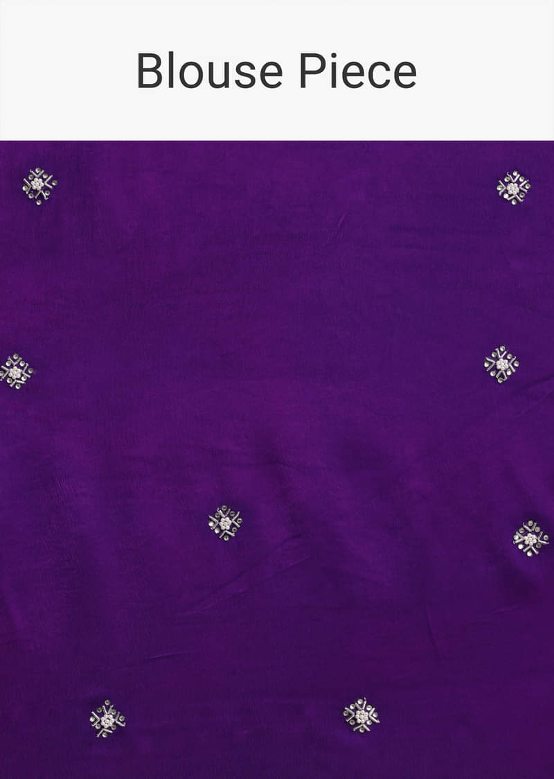 Purple Satin Chinon Saree With Stone Embellishments And Unstitched Blouse Piece