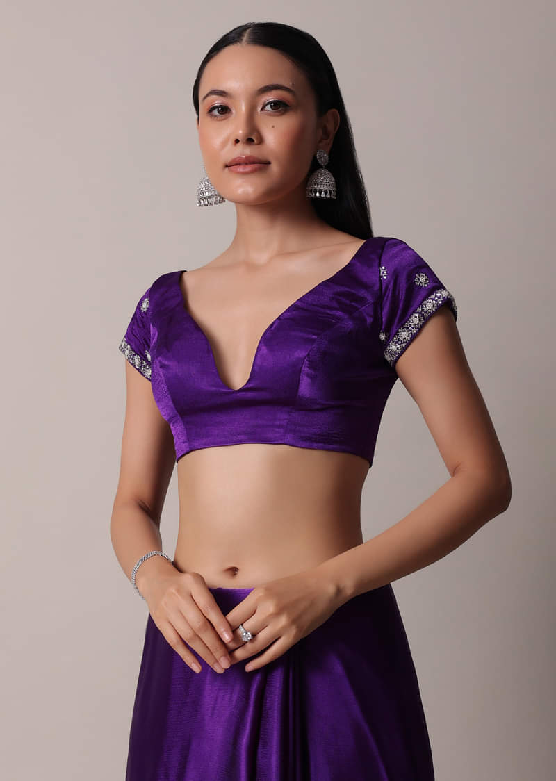 Purple Satin Chinon Saree With Stone Embellishments And Unstitched Blouse Piece