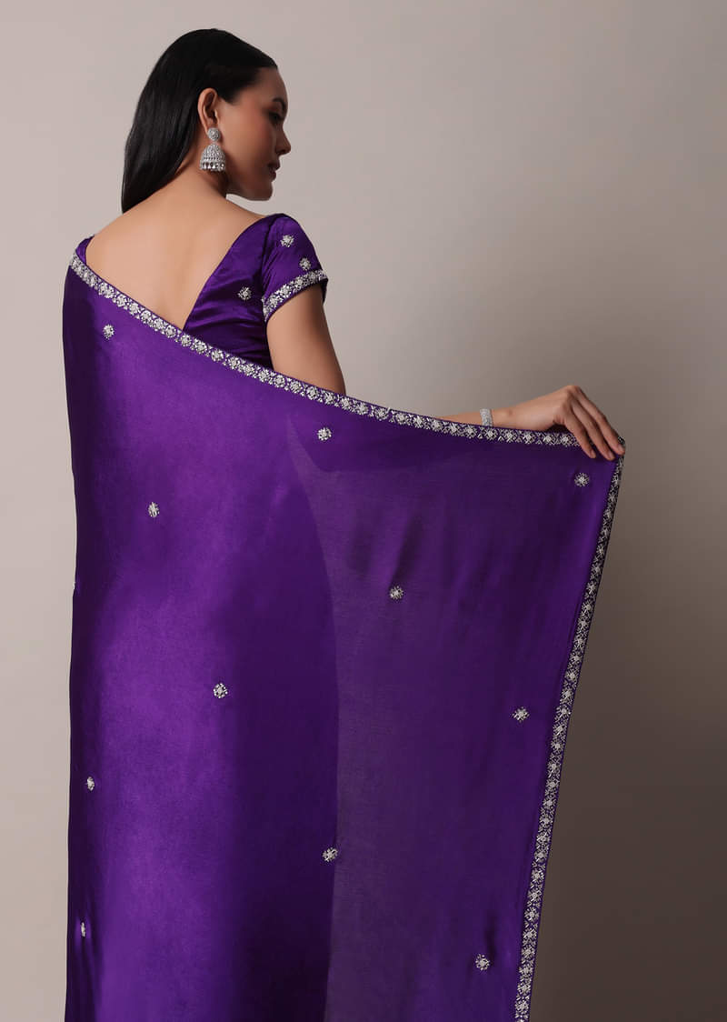 Purple Satin Chinon Saree With Stone Embellishments And Unstitched Blouse Piece