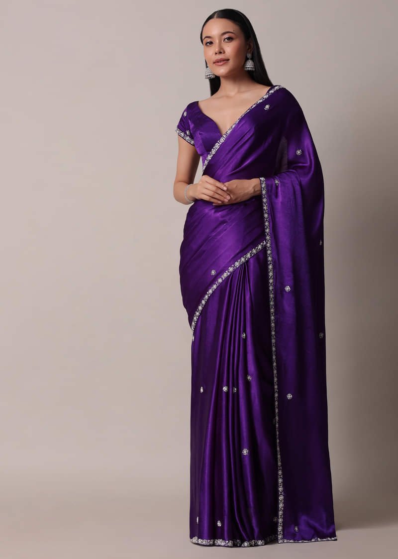 Purple Satin Chinon Saree With Stone Embellishments And Unstitched Blouse Piece