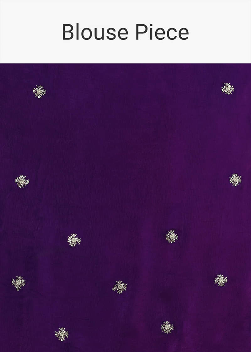 Purple Satin Chinon Saree With Stone Embellishments And Unstitched Blouse Piece