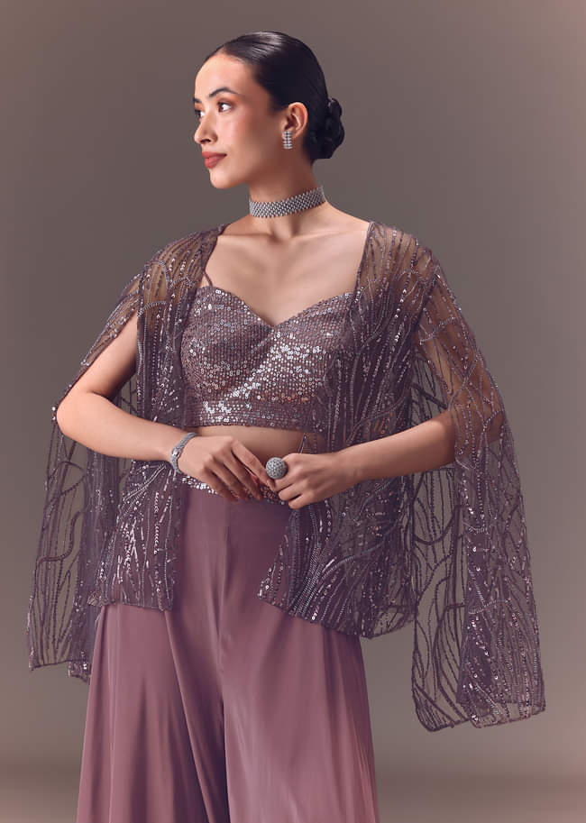 Purple Sequin Embellished Jacket And Palazzo Set