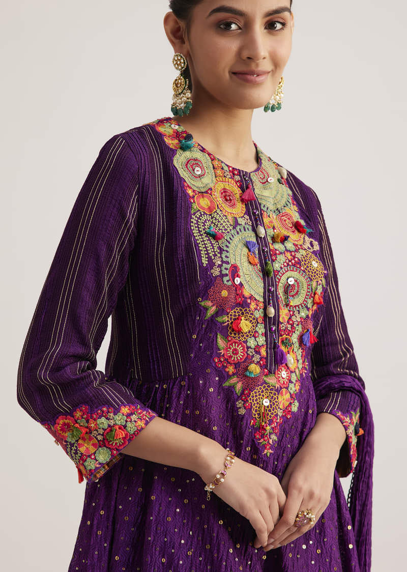Purple Silk Kurta Set With Resham Embroidery And Dupatta