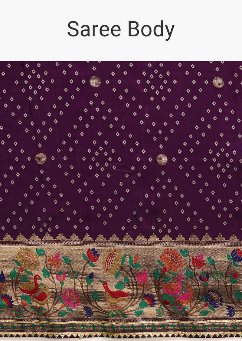 Purple Silk Woven Bandhani Saree With Paithani Border Pallu And Unstitched Blouse