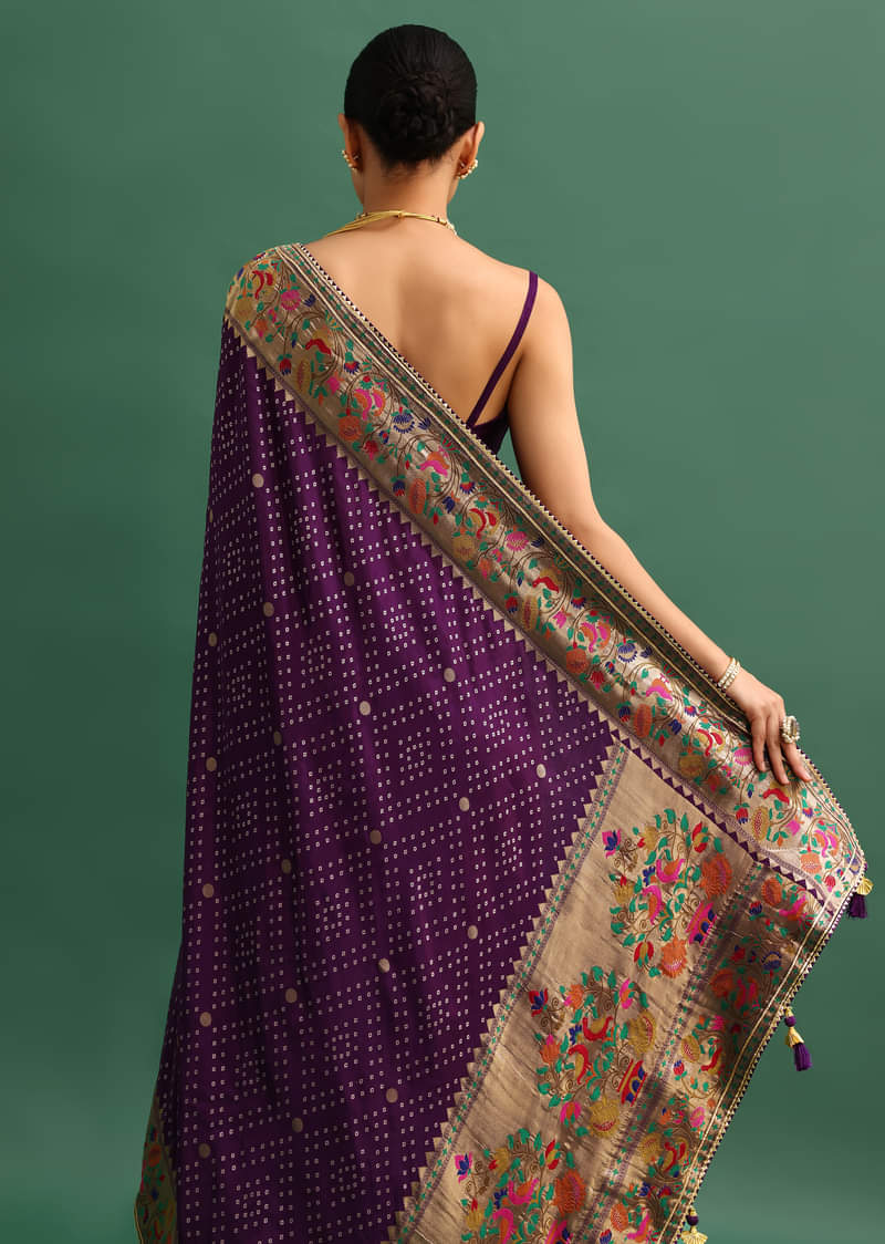 Purple Silk Woven Bandhani Saree With Paithani Border Pallu And Unstitched Blouse