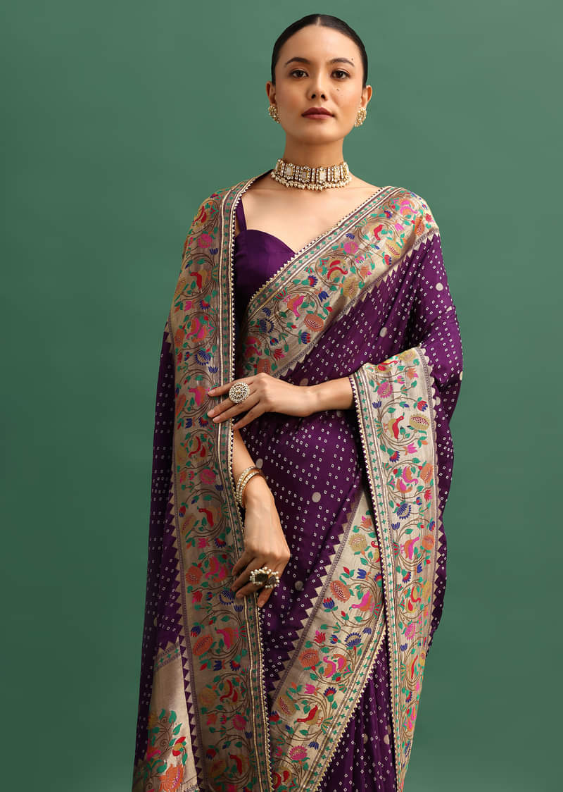 Purple Silk Woven Bandhani Saree With Paithani Border Pallu And Unstitched Blouse