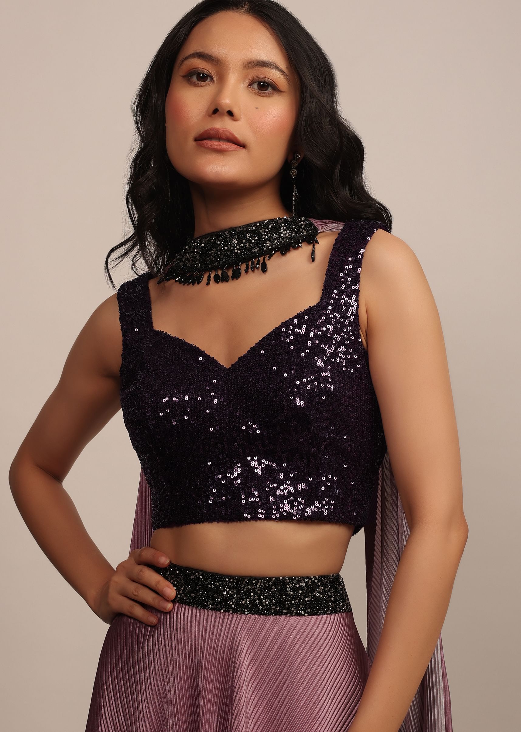 Buy Purple Sleeveless Sequins Blouse With Sweetheart Neckline KALKI Fashion India