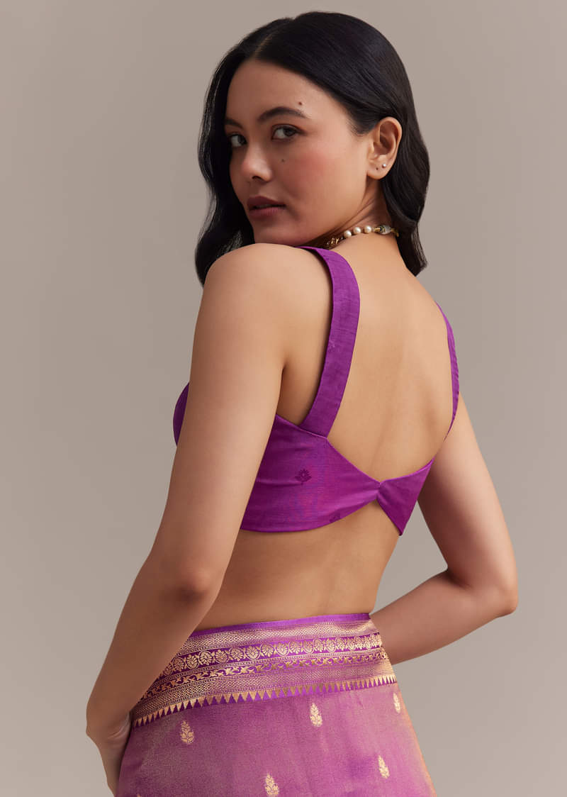 Purple Tissue Silk Saree With Butti Work And Chanderi Zari Woven Border
