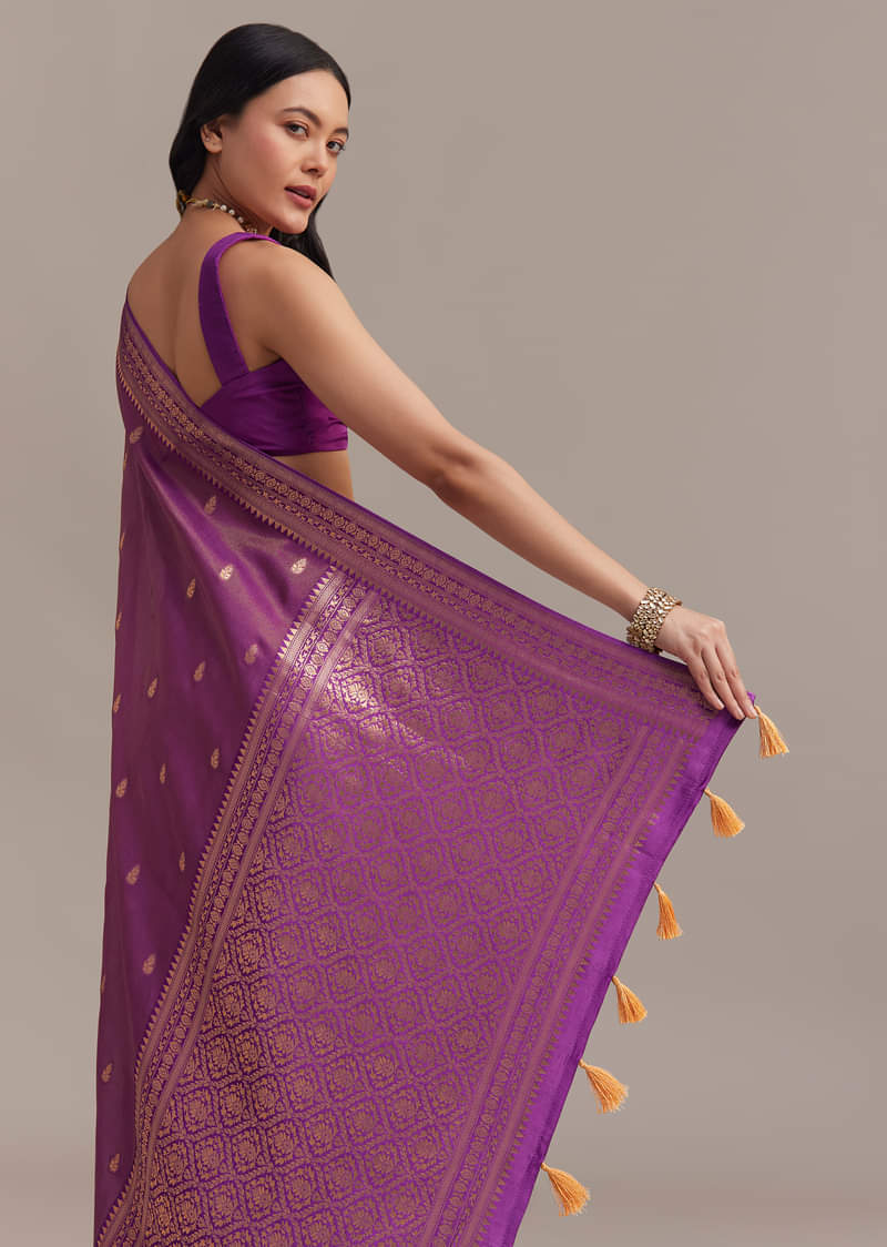 Purple Tissue Silk Saree With Butti Work And Chanderi Zari Woven Border