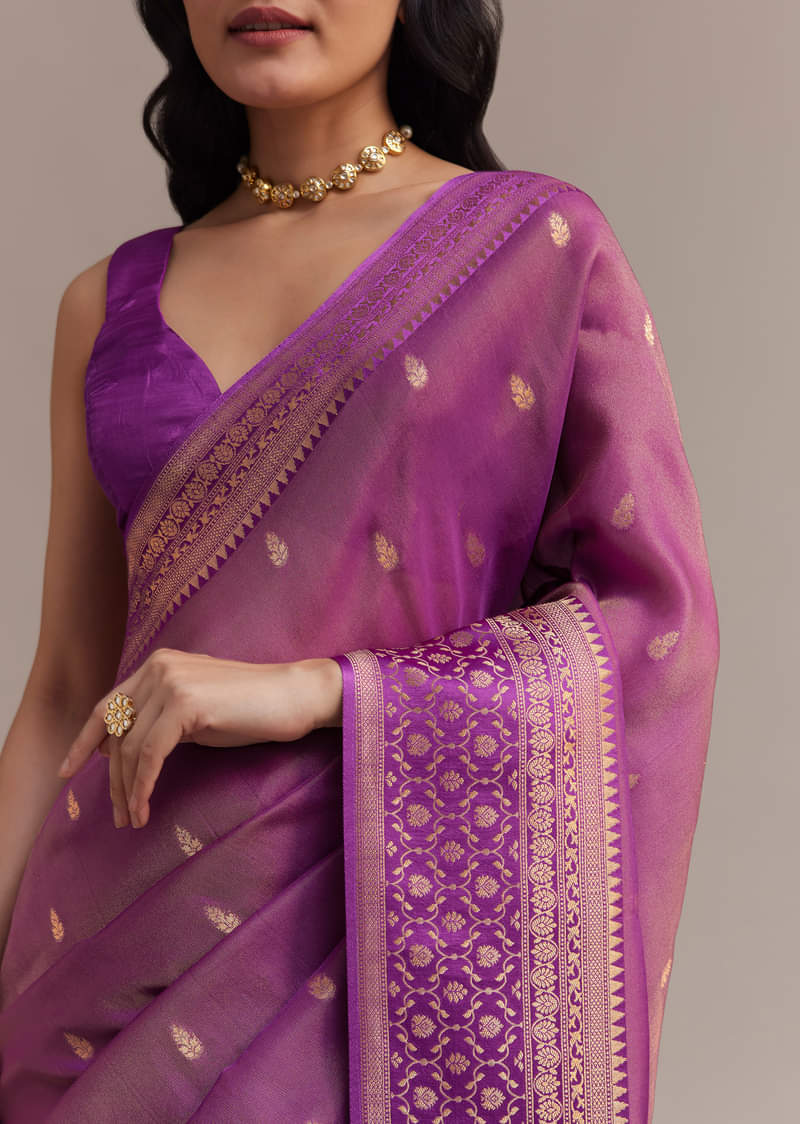 Purple Tissue Silk Saree With Butti Work And Chanderi Zari Woven Border