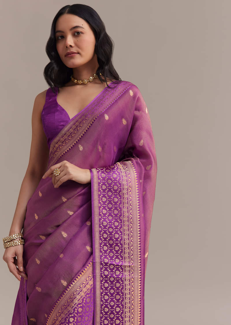 Purple Tissue Silk Saree With Butti Work And Chanderi Zari Woven Border