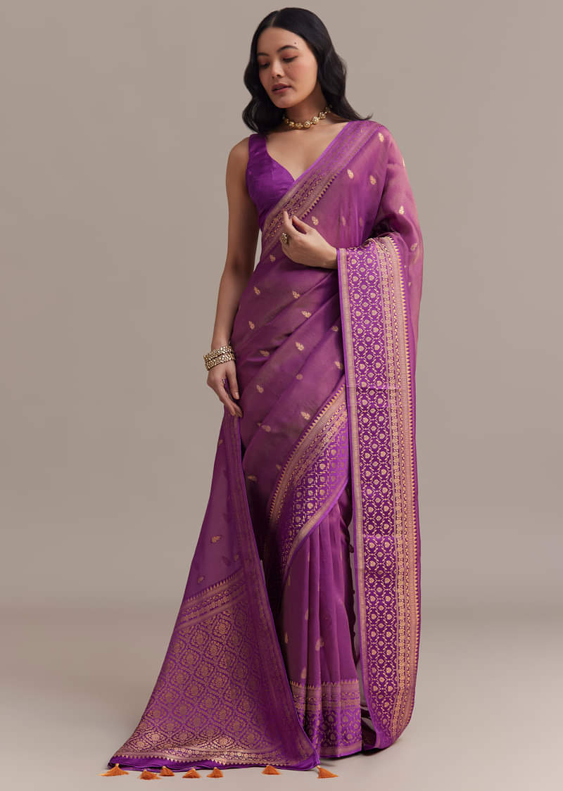 Purple Tissue Silk Saree With Butti Work And Chanderi Zari Woven Border
