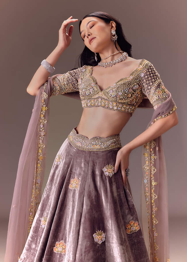 Purple Velvet Lehenga Set With Hand Work Patching