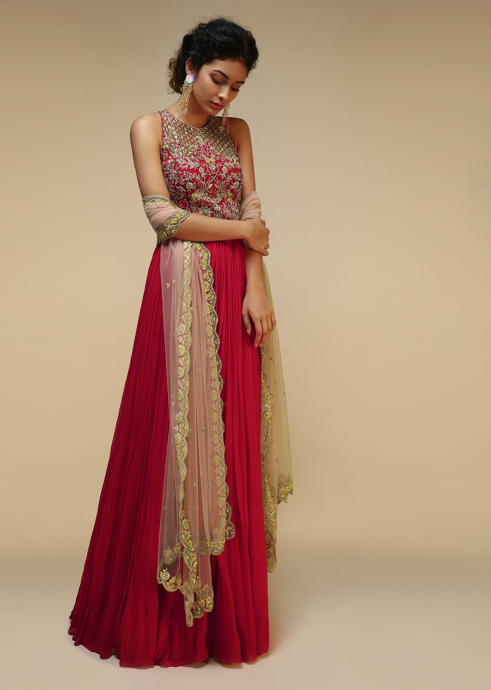 Buy Rani Pink Anarkali Suit With Halter Neckline And Adorned In Multicolored Hand Embroidered Floral Design On The Bodice Online Kalki Fashion