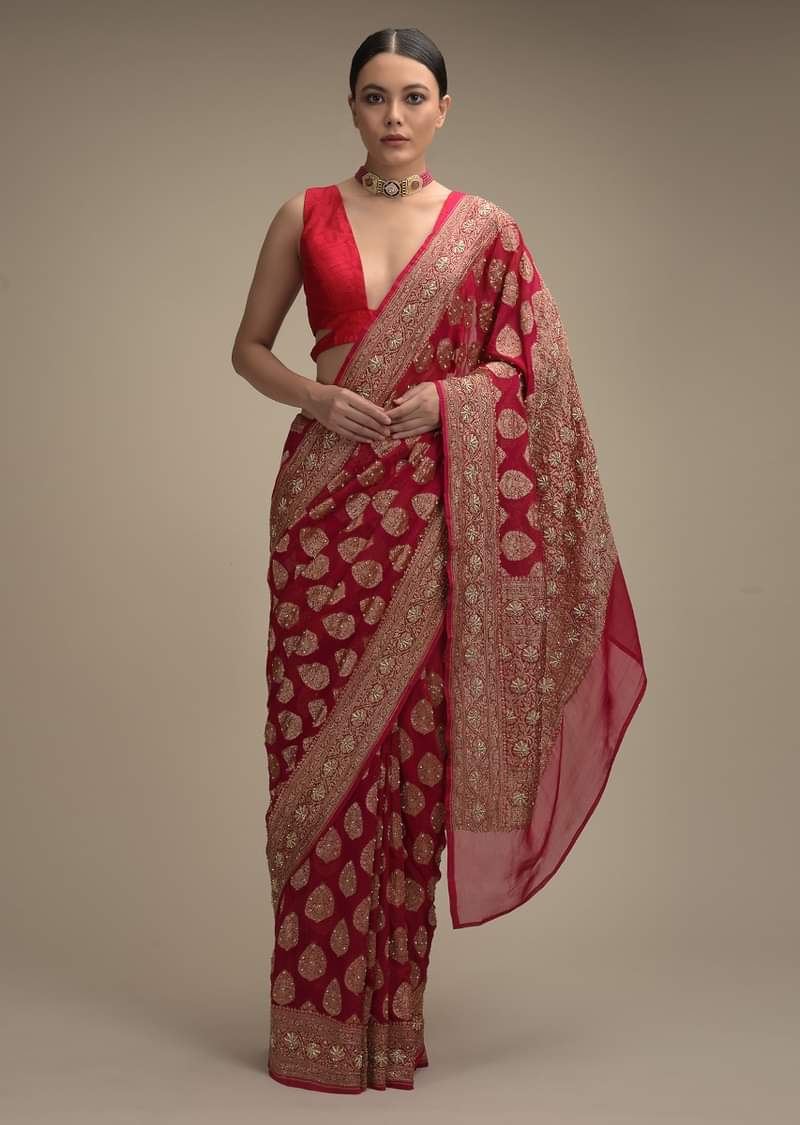 Buy Rani Pink Banarasi Saree In Georgette With Woven Leaf