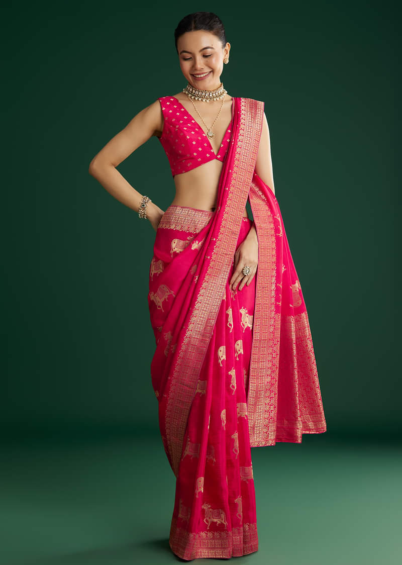 Rani Pink Dola Silk Saree With Zari Woven Border