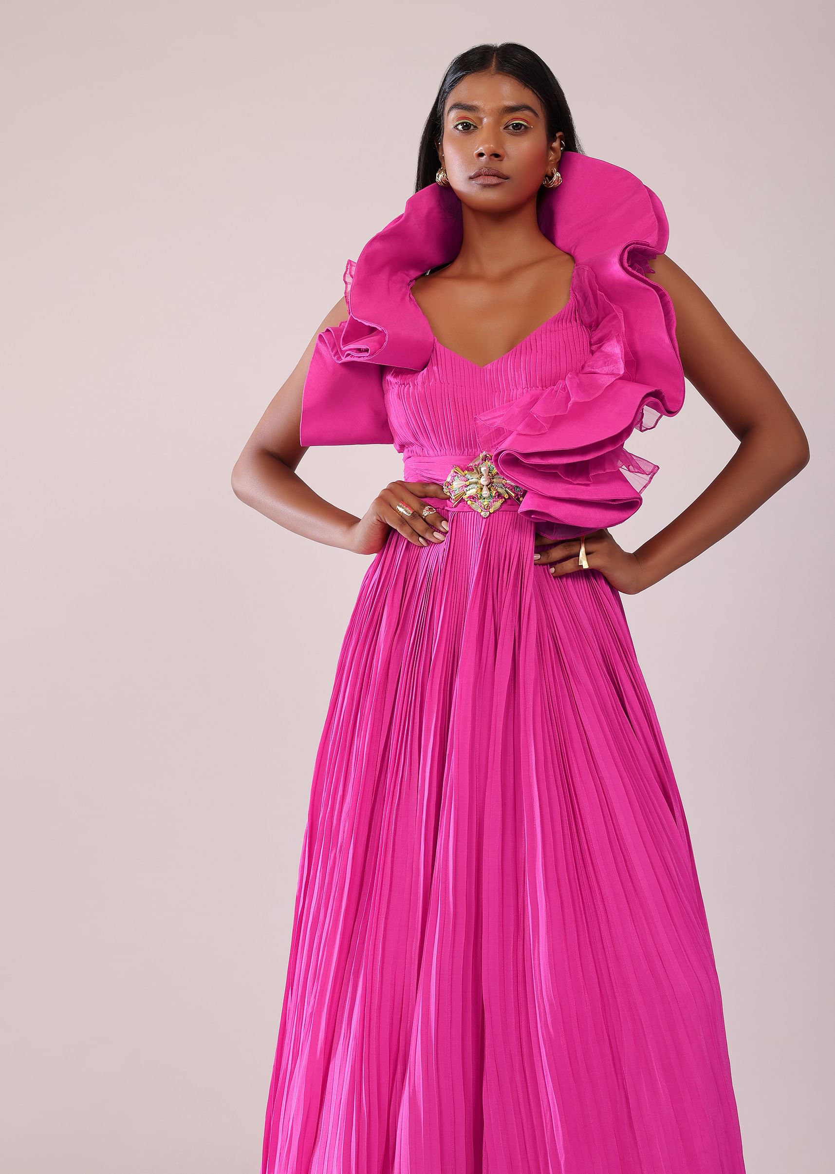 Buy Rani Pink Indo Western Crepe Gown With Patchwork On The Neckline KALKI Fashion India
