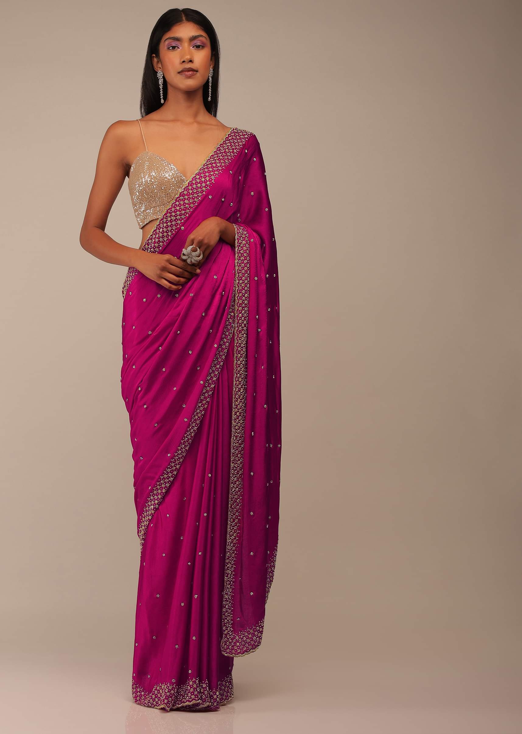 Buy Rani Pink Saree with Stones and Cut Dana Embroidery