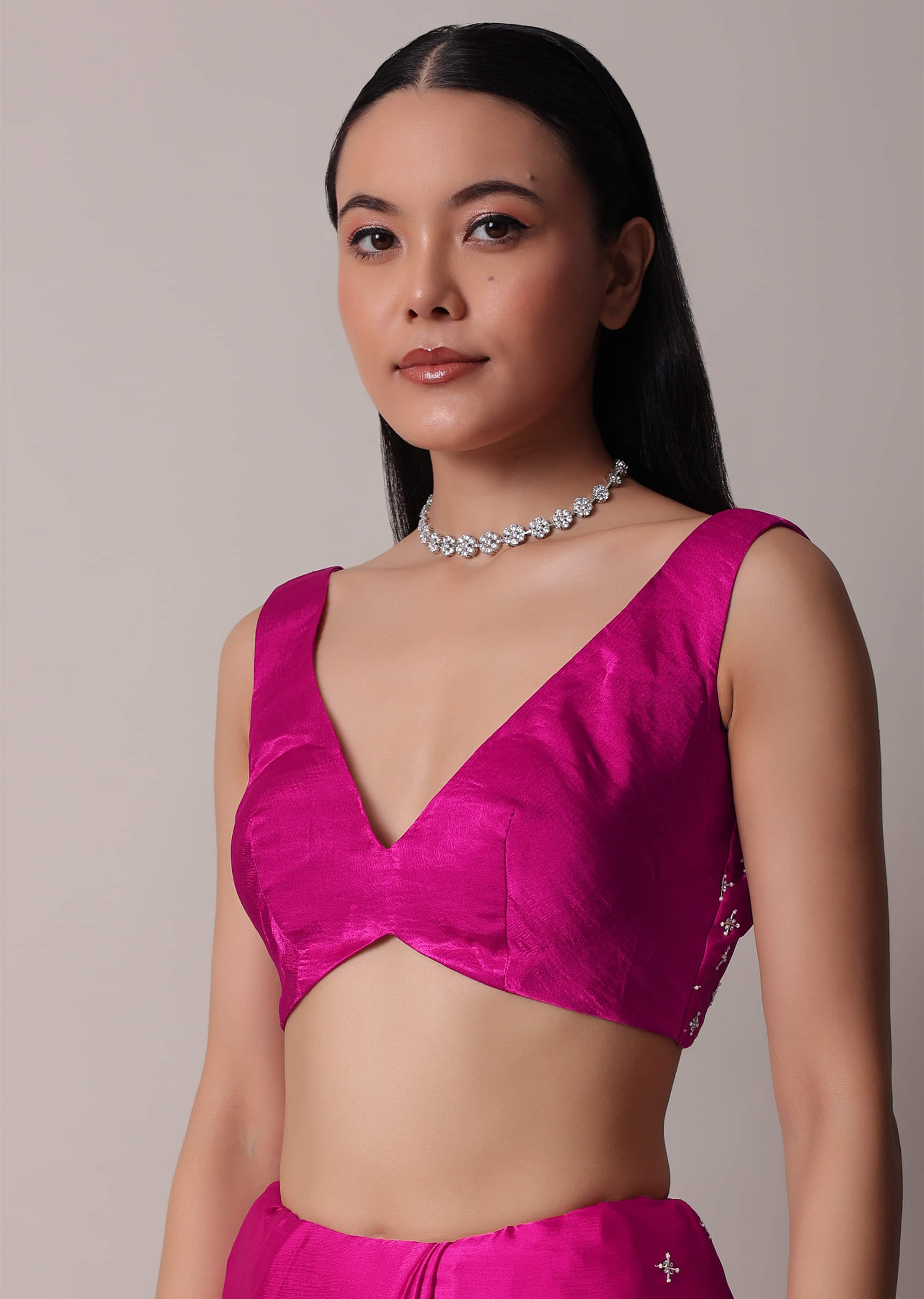 振袖ピンク（PATTI PATTI) Buy Rani Pink Satin Chinon Saree With Scallop Border And