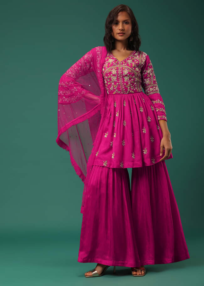 Rani Pink Sharara Suit Set In Silk With Floral Embroidery