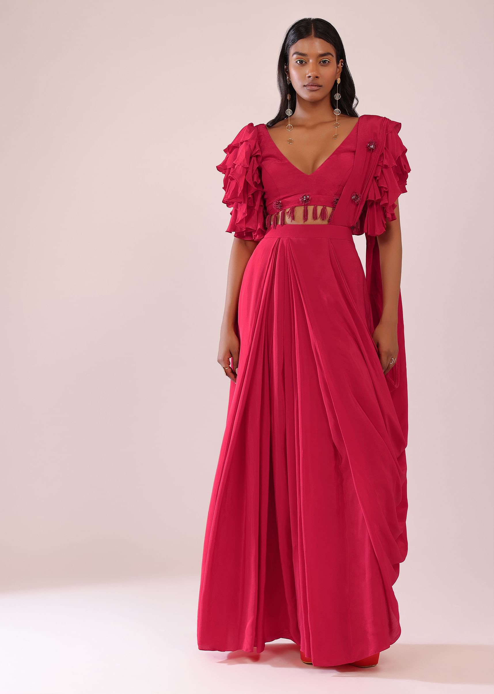 Buy Rani Pink Stitched Drape Saree In Crepe With Tiki And Salli Work KALKI Fashion Global