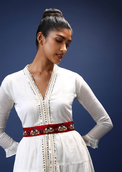 Buy Red Belt In Silk With Thread And Sequins Embroidered Flowers