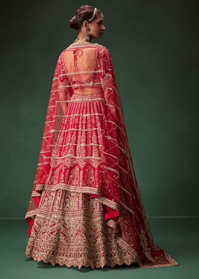Red Bridal Lehenga With Intricate Hand Embroidery And Double Dupatta Drape