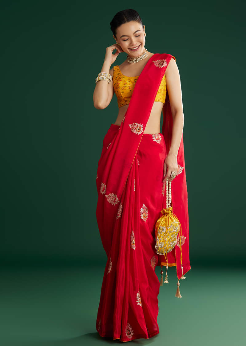 Red Dola Silk Saree With Butti Weave