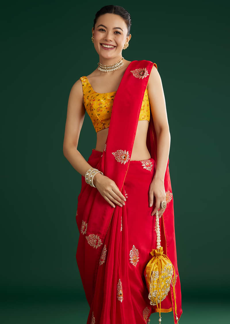 Red Dola Silk Saree With Butti Weave