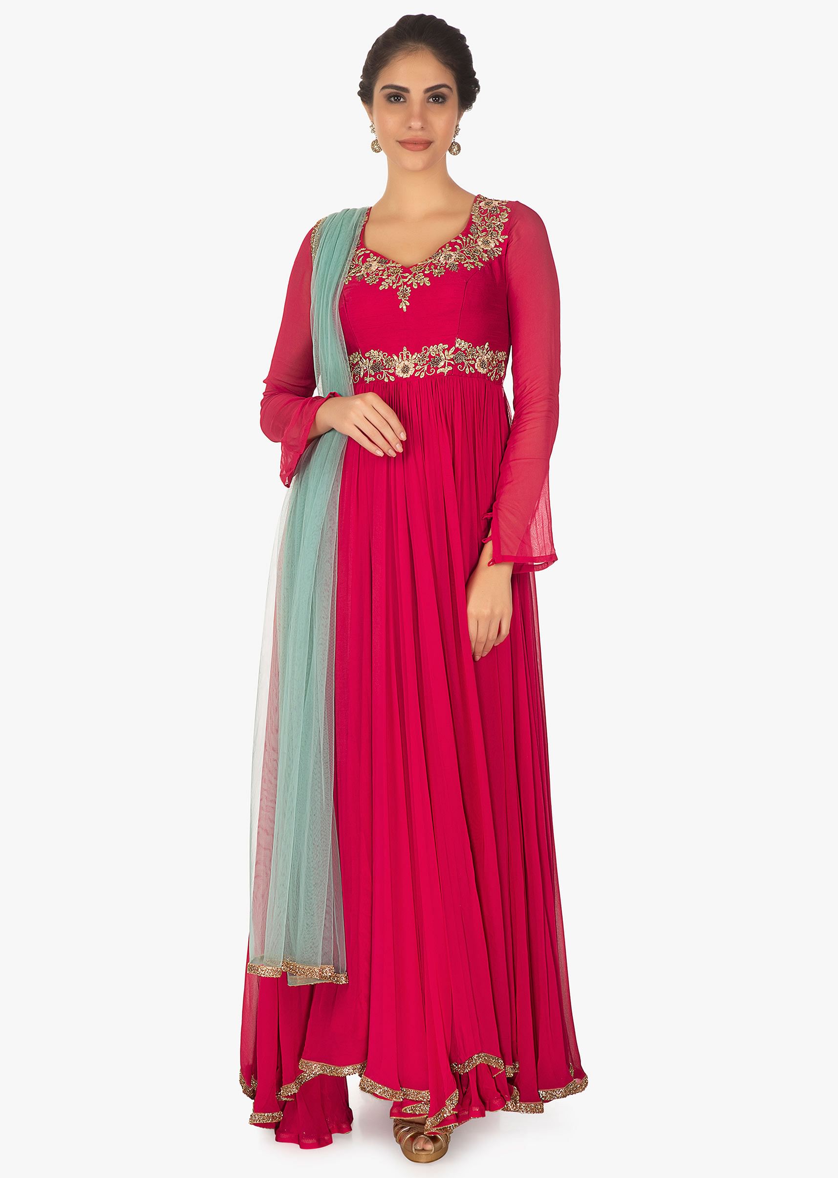 Buy Red Anarkali In Georgette With Lycra Churidar And Contrasting Blue Net Dupatta KALKI Fashion Global