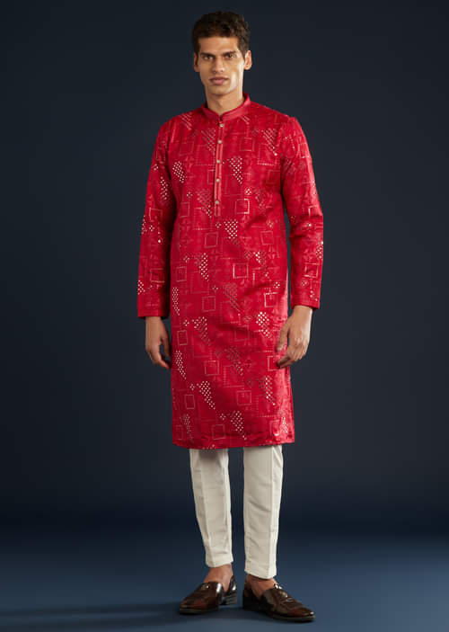 Red Mens Silk Abla Work Kurta Set
