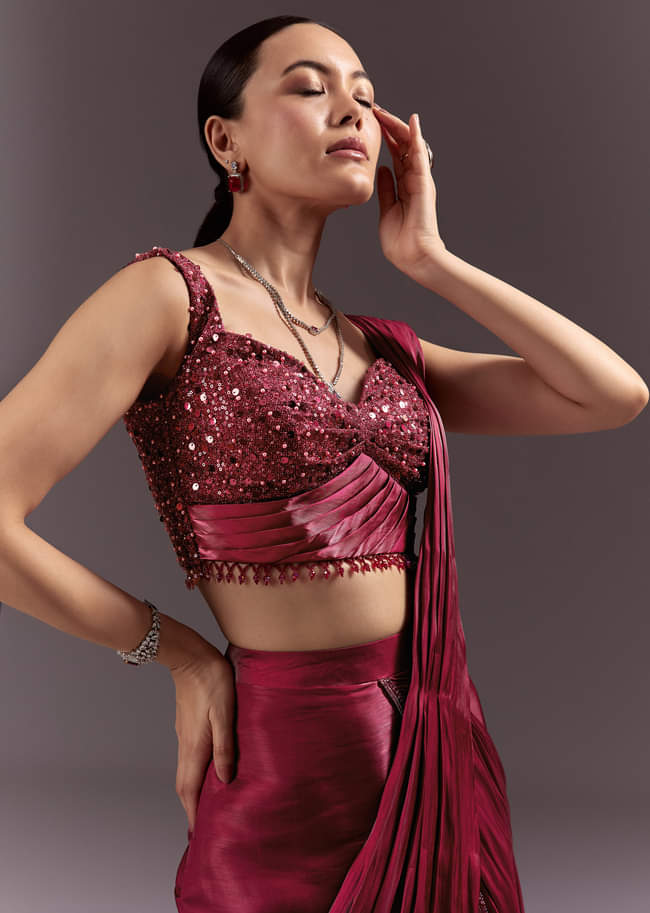 Red Pre Stitched Saree With Sleeveless V Neck Blouse
