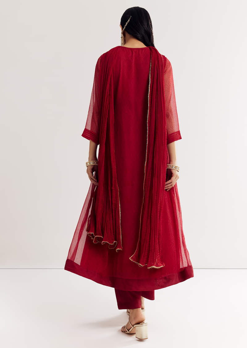 Red Printed Chiffon Sequin Kurta Set With Dupatta