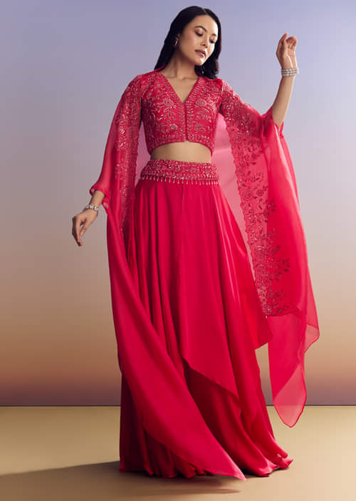 Red Satin Crop Top Set With Embroidered Organza Cape Red Satin Crop Top Set With Embroidered Organza Cape
