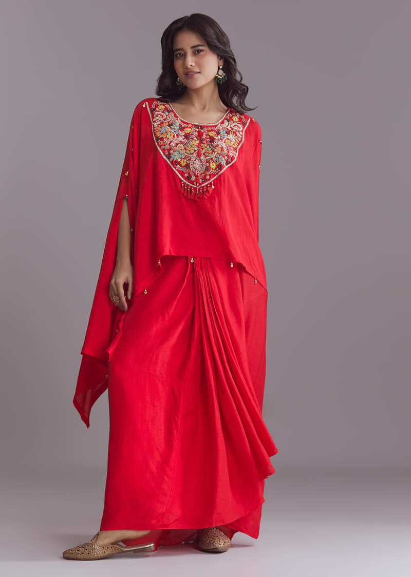 Red Silk Kaftan Top And Drape Skirt Set With Embroidery