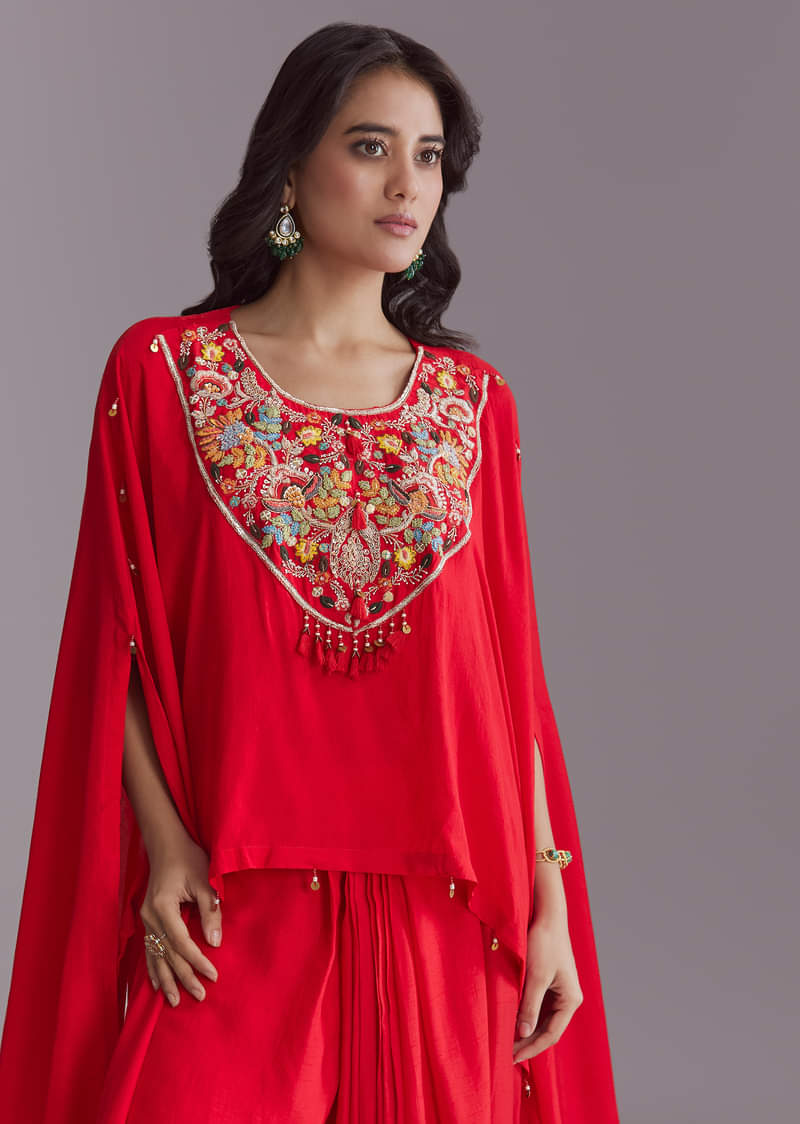 Red Silk Kaftan Top And Drape Skirt Set With Embroidery