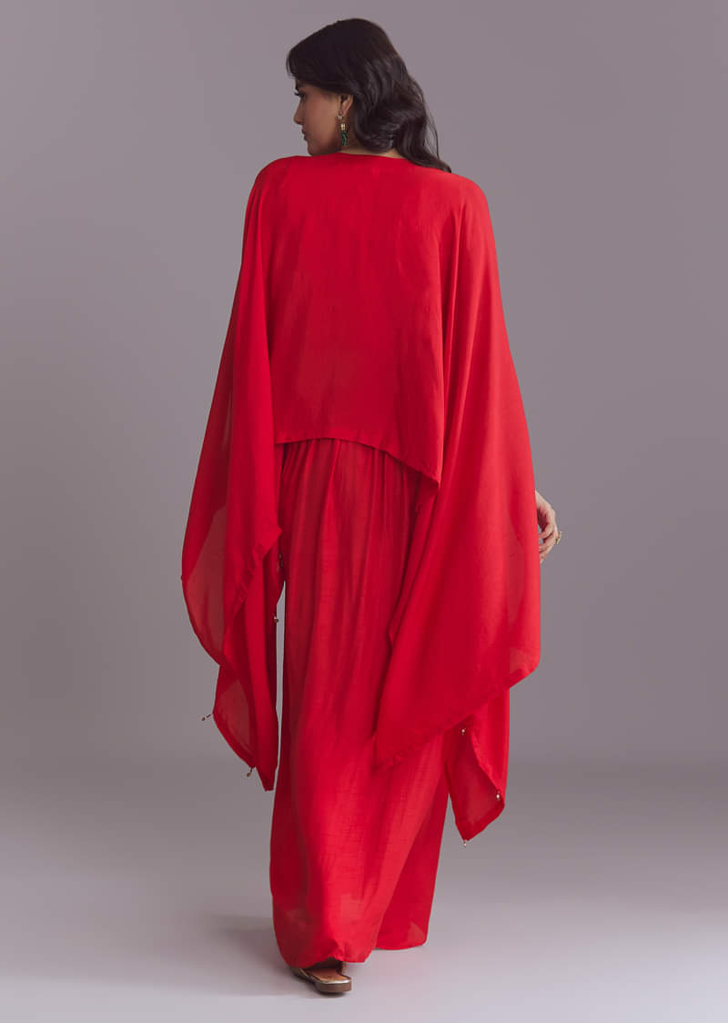 Red Silk Kaftan Top And Drape Skirt Set With Embroidery