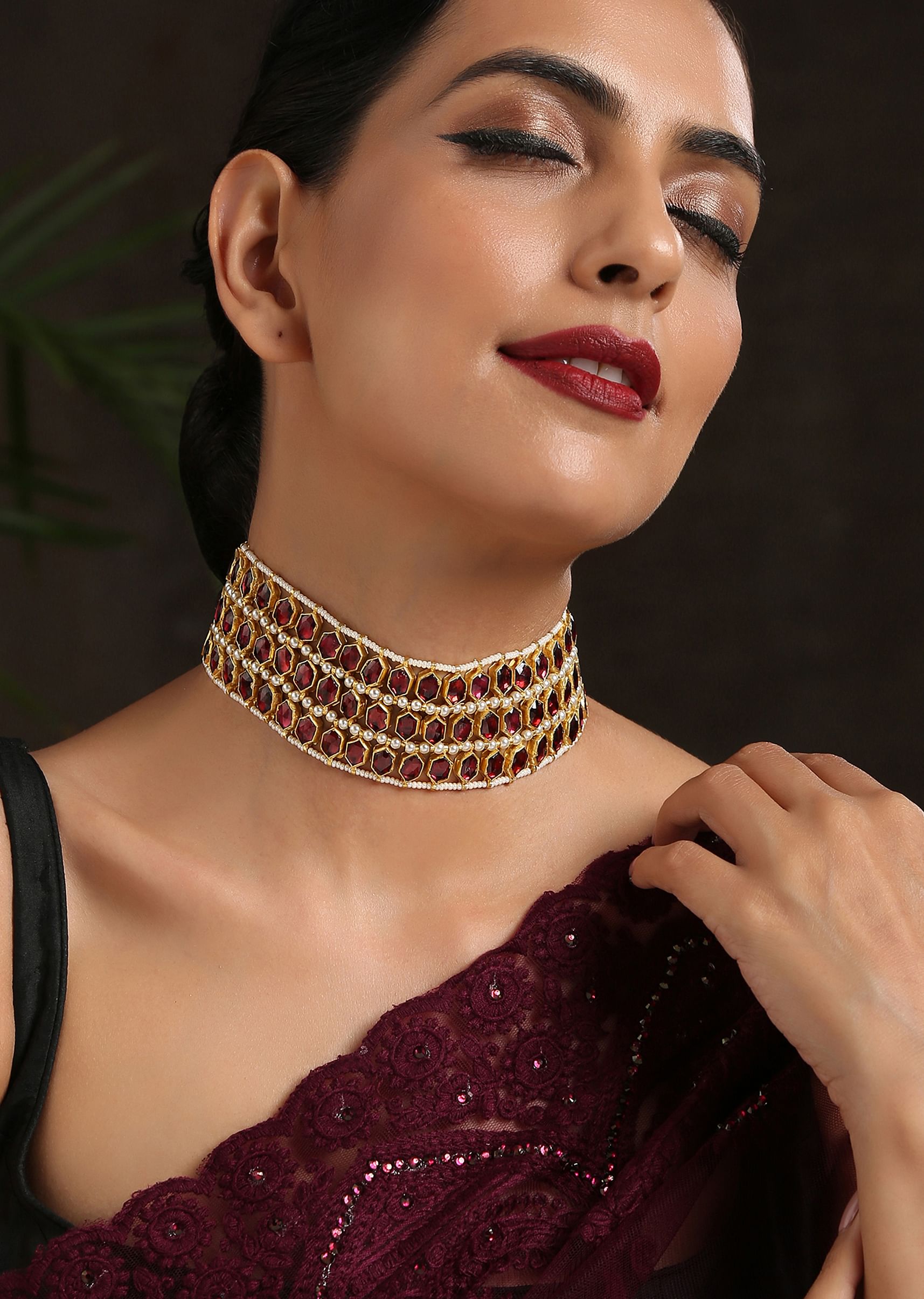 Buy Red And Gold Choker Necklace With Four Rows Of Pearls And Hexagon Shaped Red Stones By Paisley Pop