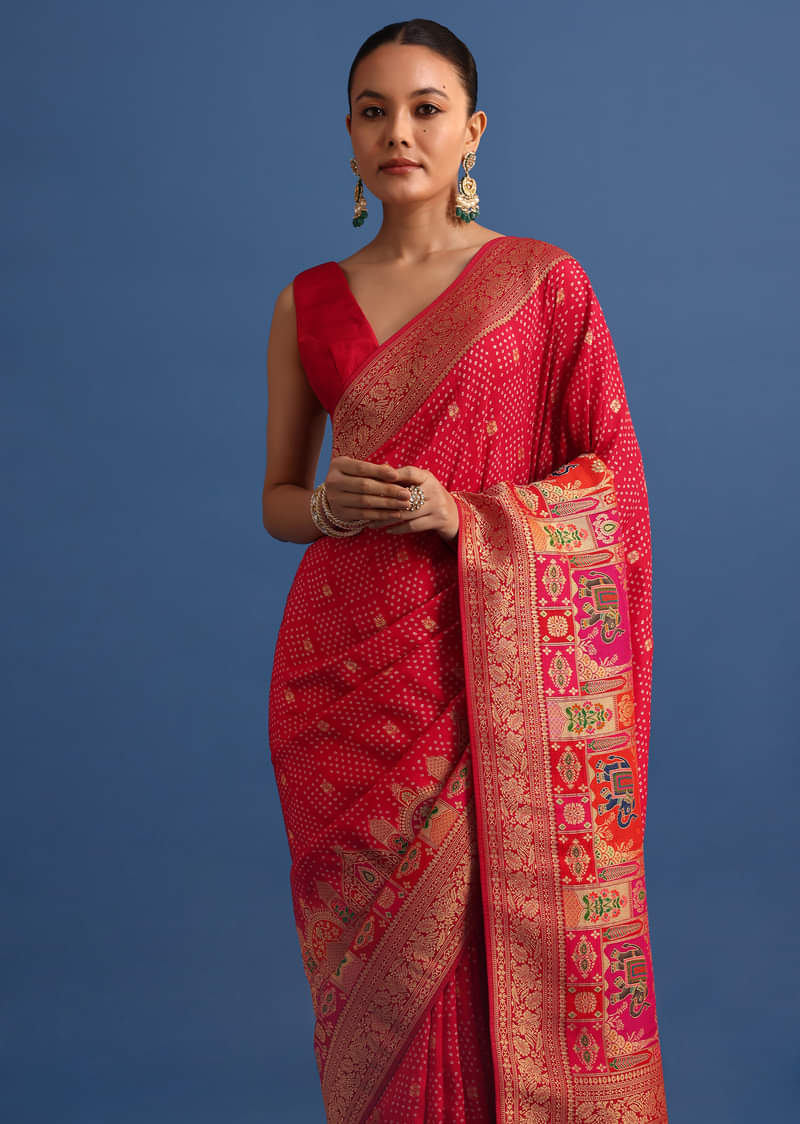 Red Banarasi Bandhani Satin Saree With Traditional Brocade Motifs On Border