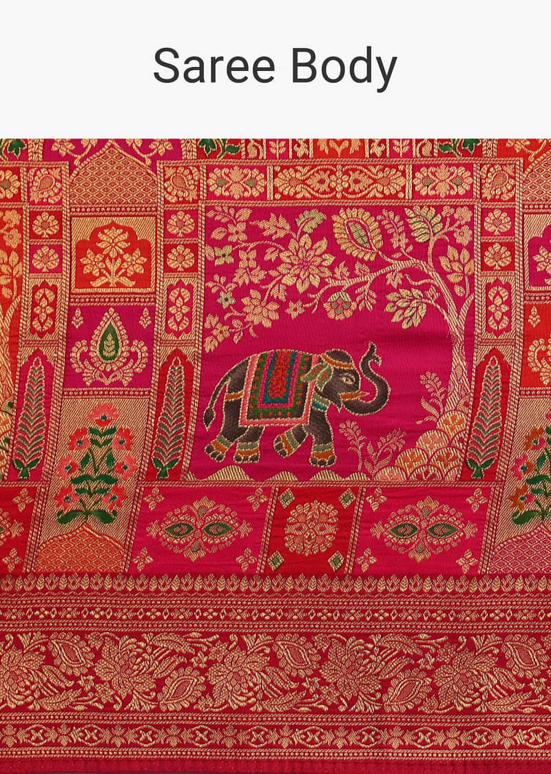 Red Banarasi Bandhani Satin Saree With Traditional Brocade Motifs On Border