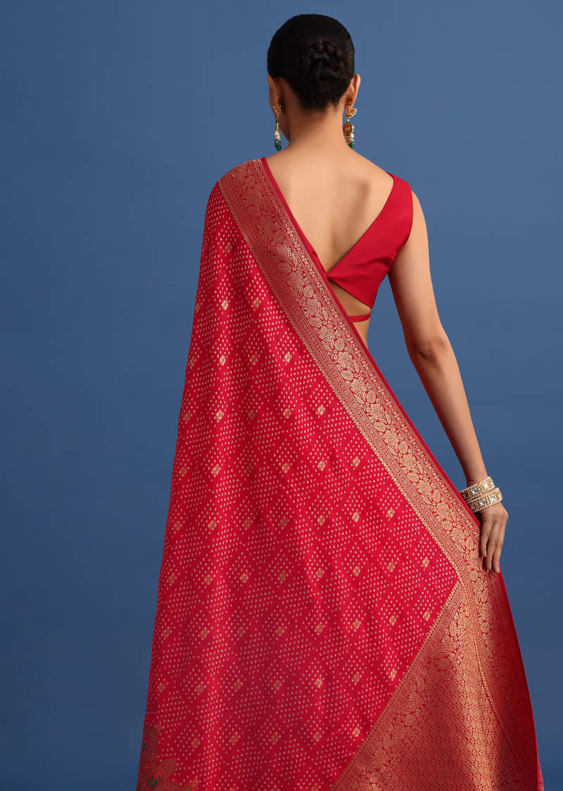 Red Banarasi Bandhani Satin Saree With Traditional Brocade Motifs On Border